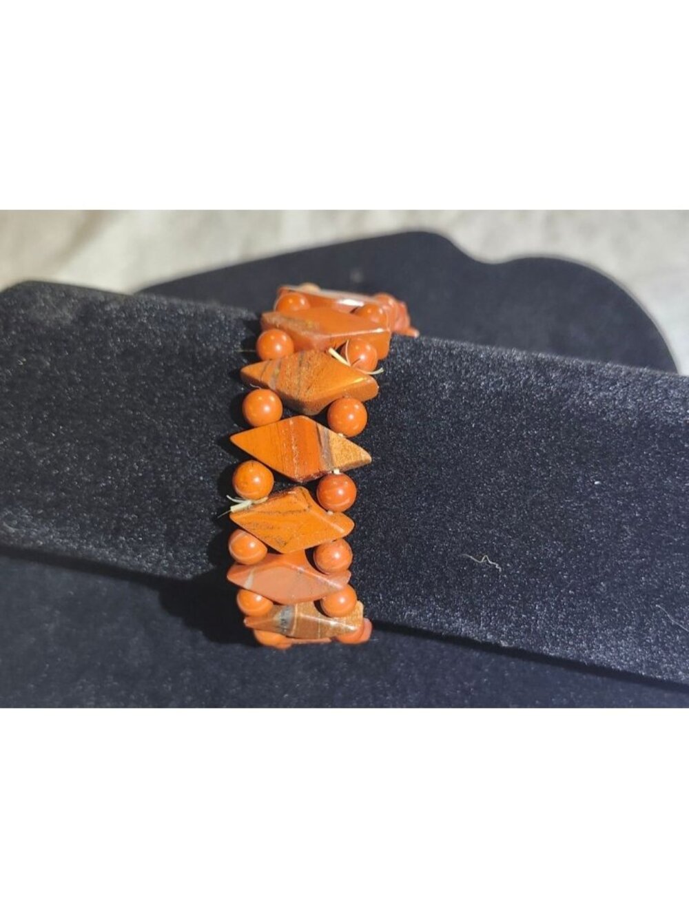 Beautiful Veined Jasper Bracelet With Geometric Round Beads Orange-Toned Elastic